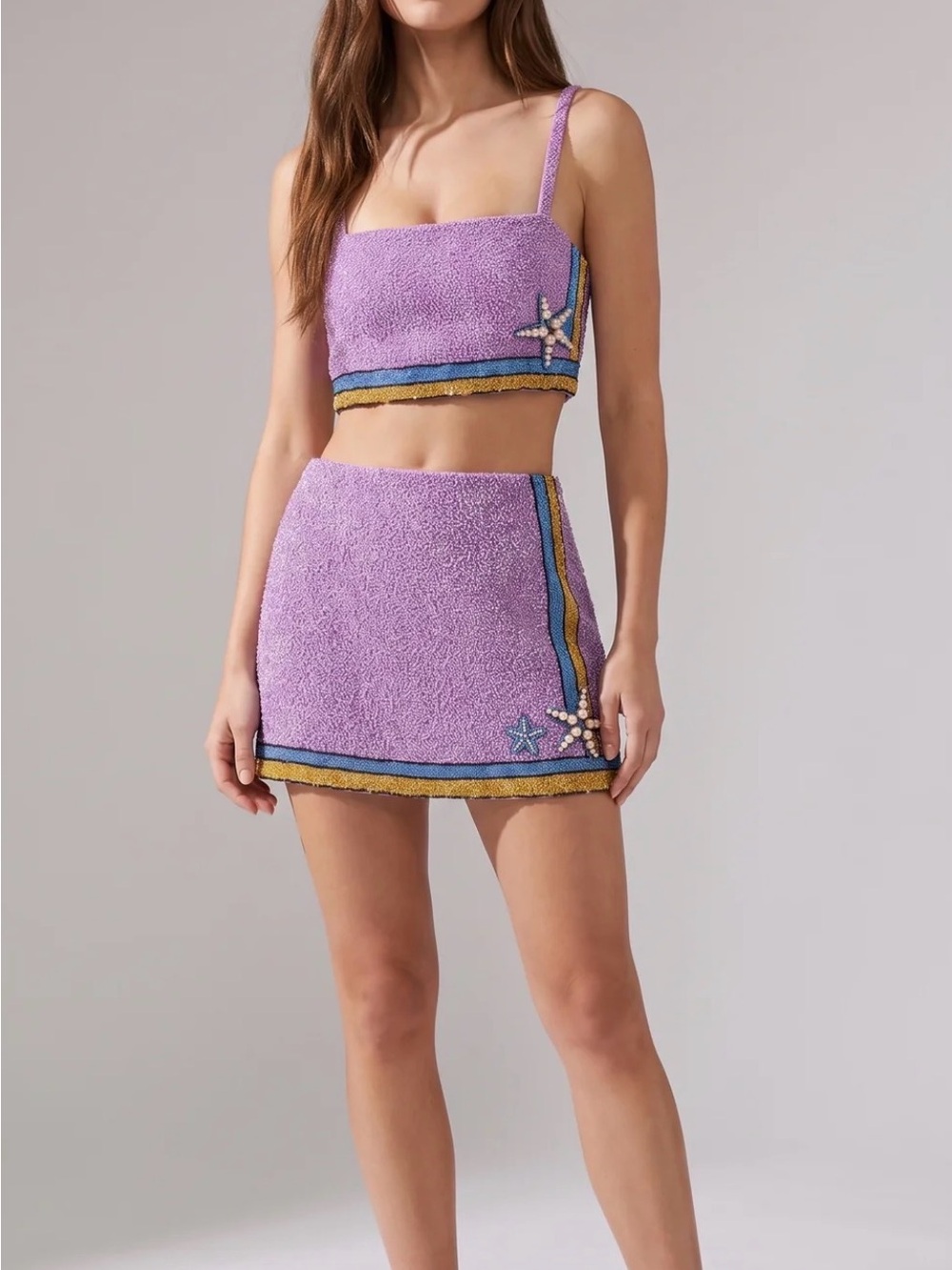 Lilac Textured Mini Skirt Set with Beaded Star Detail - Women xsmall